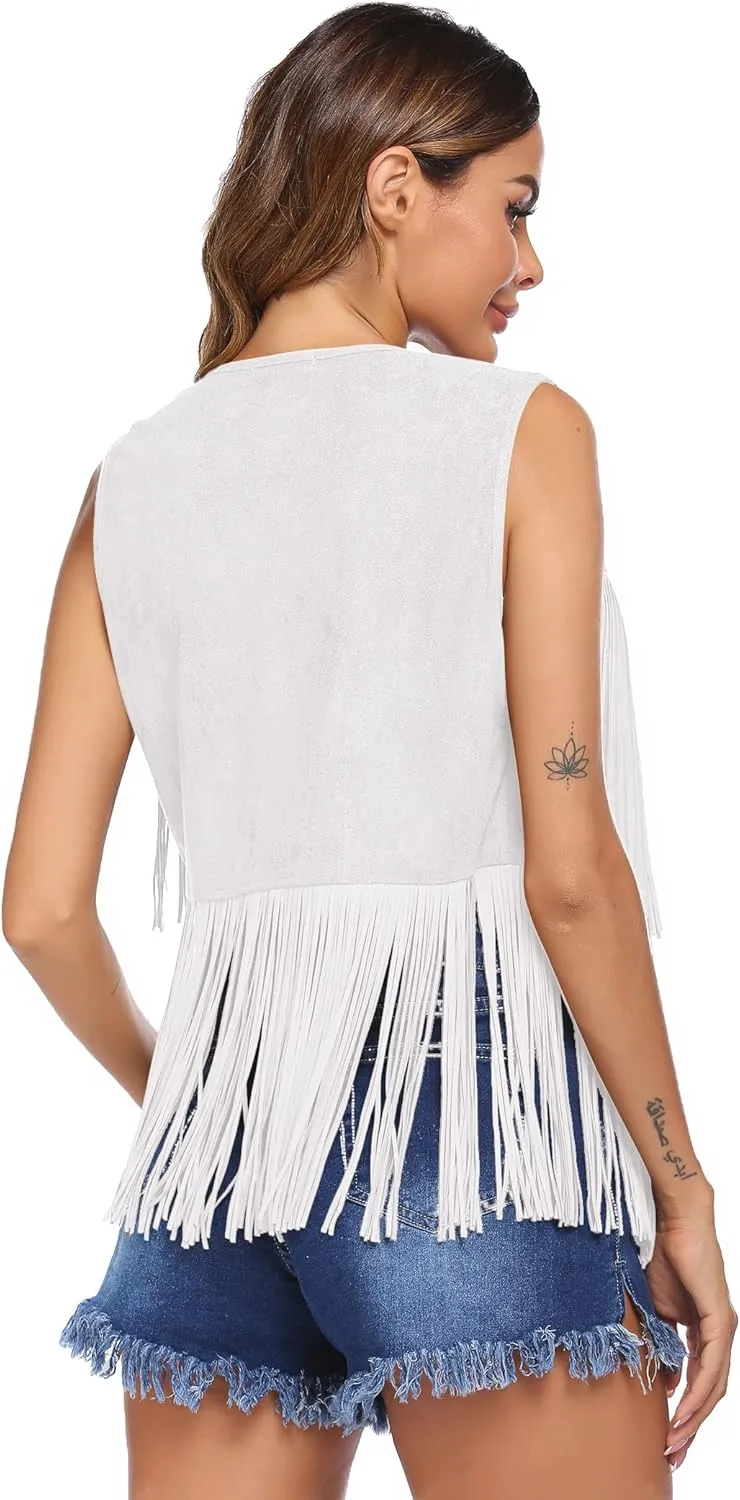 HOTLOOX Womens Fringe Vest 70s Hippie Clothes Sleeveless Faux Suede Tassel Cowgirl Western Outfits S-XXL