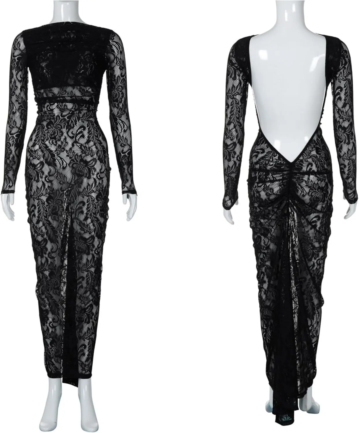 JUMISEE Women's See Through Lace Long Sleeve Maxi Dress Sexy Ruched Backless Bodycon Cocktail Dress Party Evening Gown