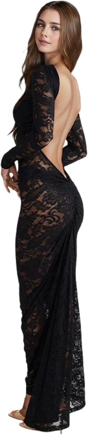 JUMISEE Women's See Through Lace Long Sleeve Maxi Dress Sexy Ruched Backless Bodycon Cocktail Dress Party Evening Gown
