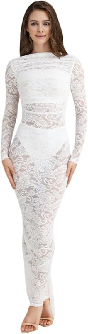 JUMISEE Women's See Through Lace Long Sleeve Maxi Dress Sexy Ruched Backless Bodycon Cocktail Dress Party Evening Gown