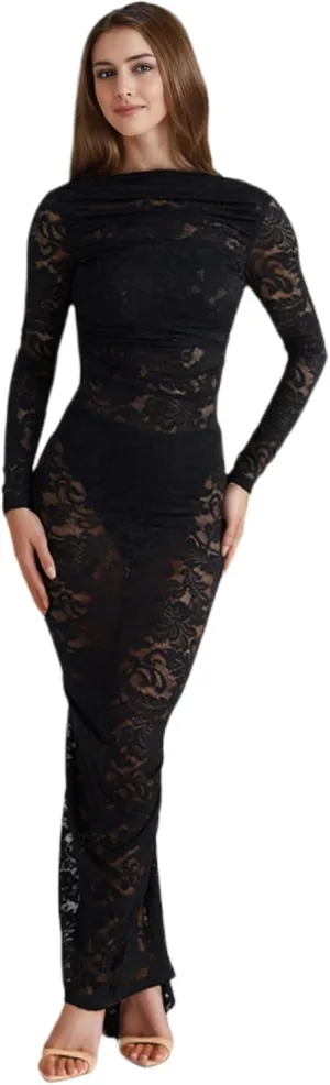 JUMISEE Women's See Through Lace Long Sleeve Maxi Dress Sexy Ruched Backless Bodycon Cocktail Dress Party Evening Gown