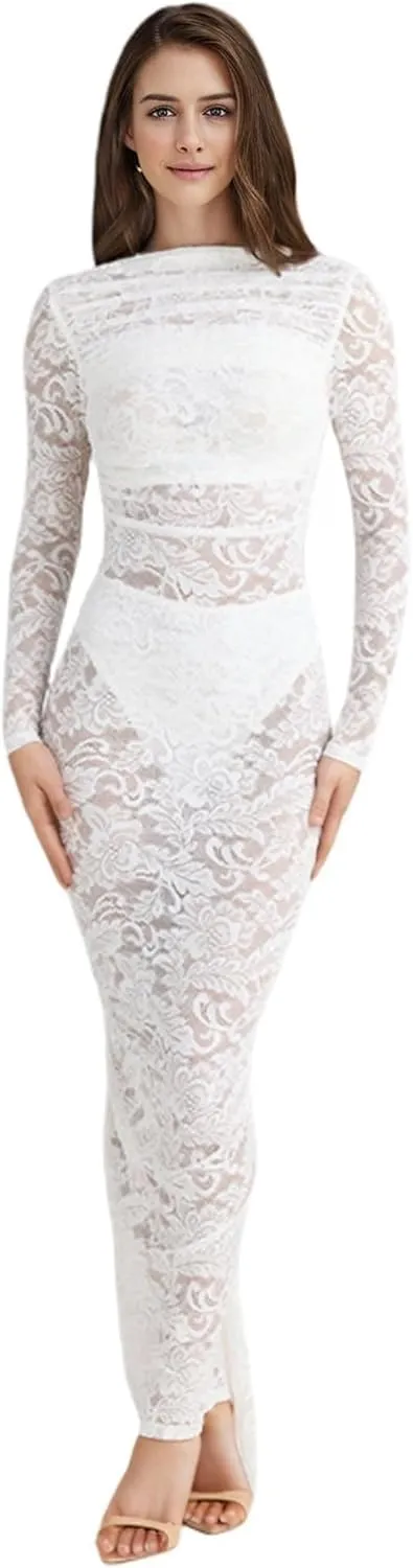 JUMISEE Women's See Through Lace Long Sleeve Maxi Dress Sexy Ruched Backless Bodycon Cocktail Dress Party Evening Gown