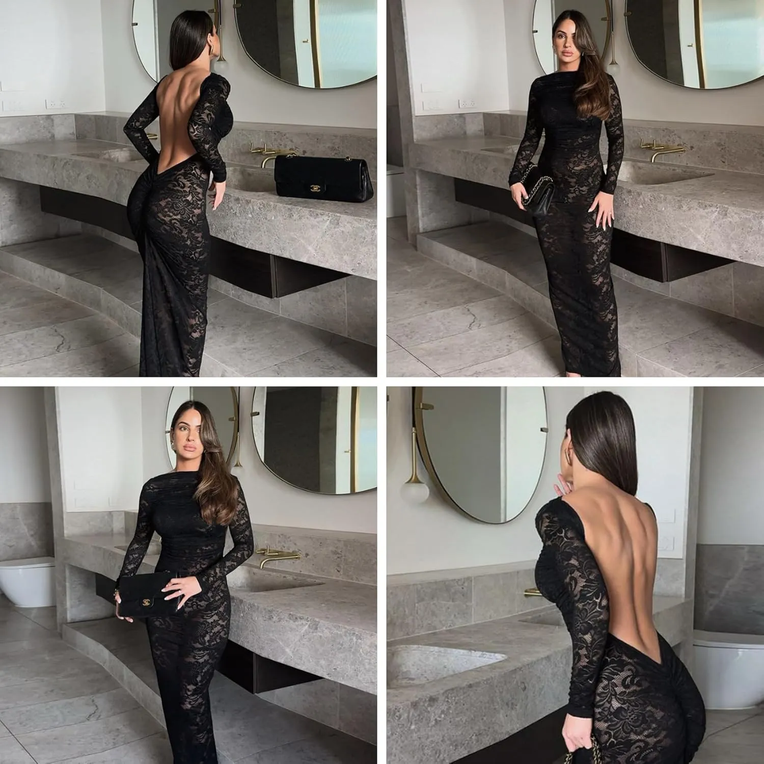 JUMISEE Women's See Through Lace Long Sleeve Maxi Dress Sexy Ruched Backless Bodycon Cocktail Dress Party Evening Gown