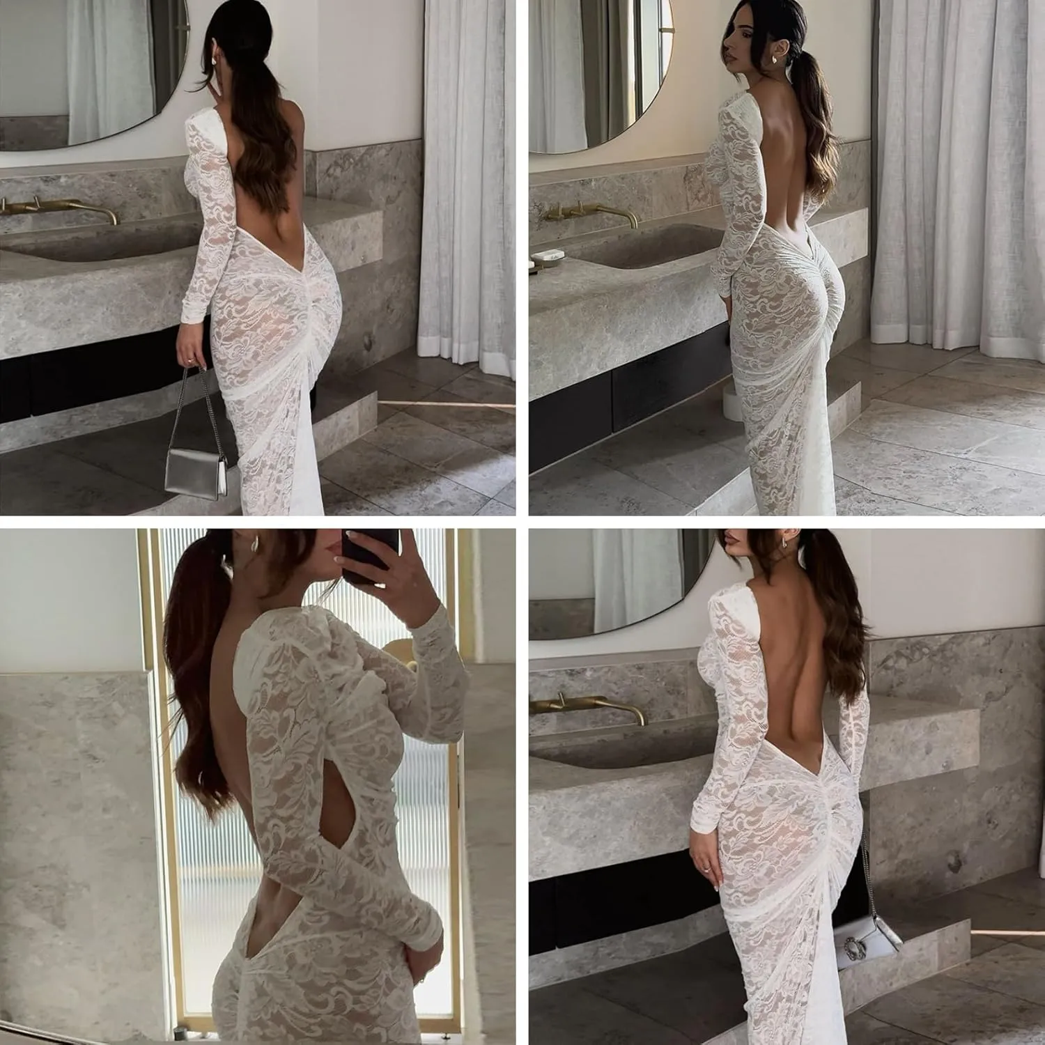 JUMISEE Women's See Through Lace Long Sleeve Maxi Dress Sexy Ruched Backless Bodycon Cocktail Dress Party Evening Gown