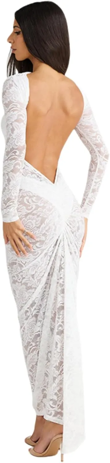JUMISEE Women's See Through Lace Long Sleeve Maxi Dress Sexy Ruched Backless Bodycon Cocktail Dress Party Evening Gown