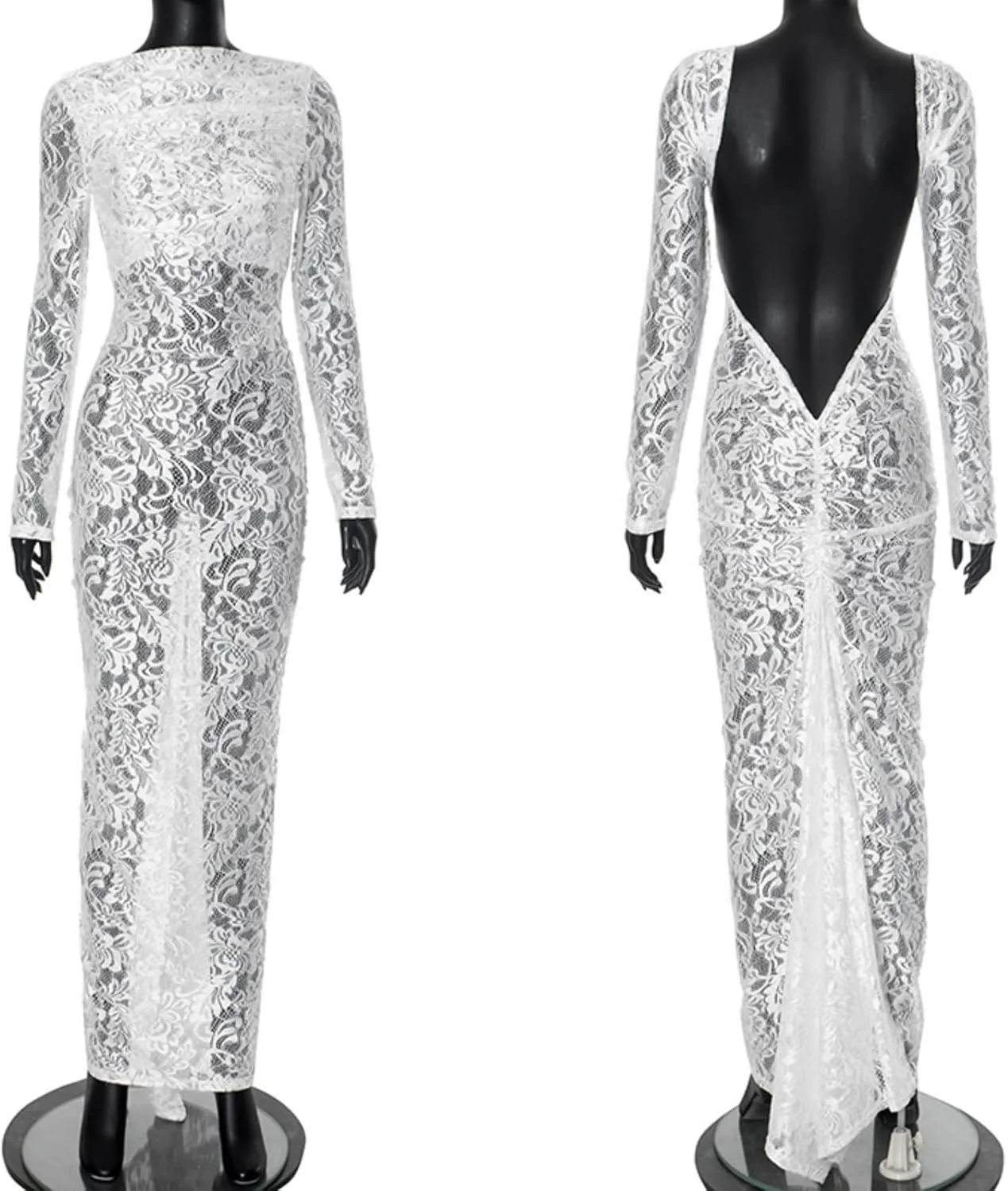 JUMISEE Women's See Through Lace Long Sleeve Maxi Dress Sexy Ruched Backless Bodycon Cocktail Dress Party Evening Gown