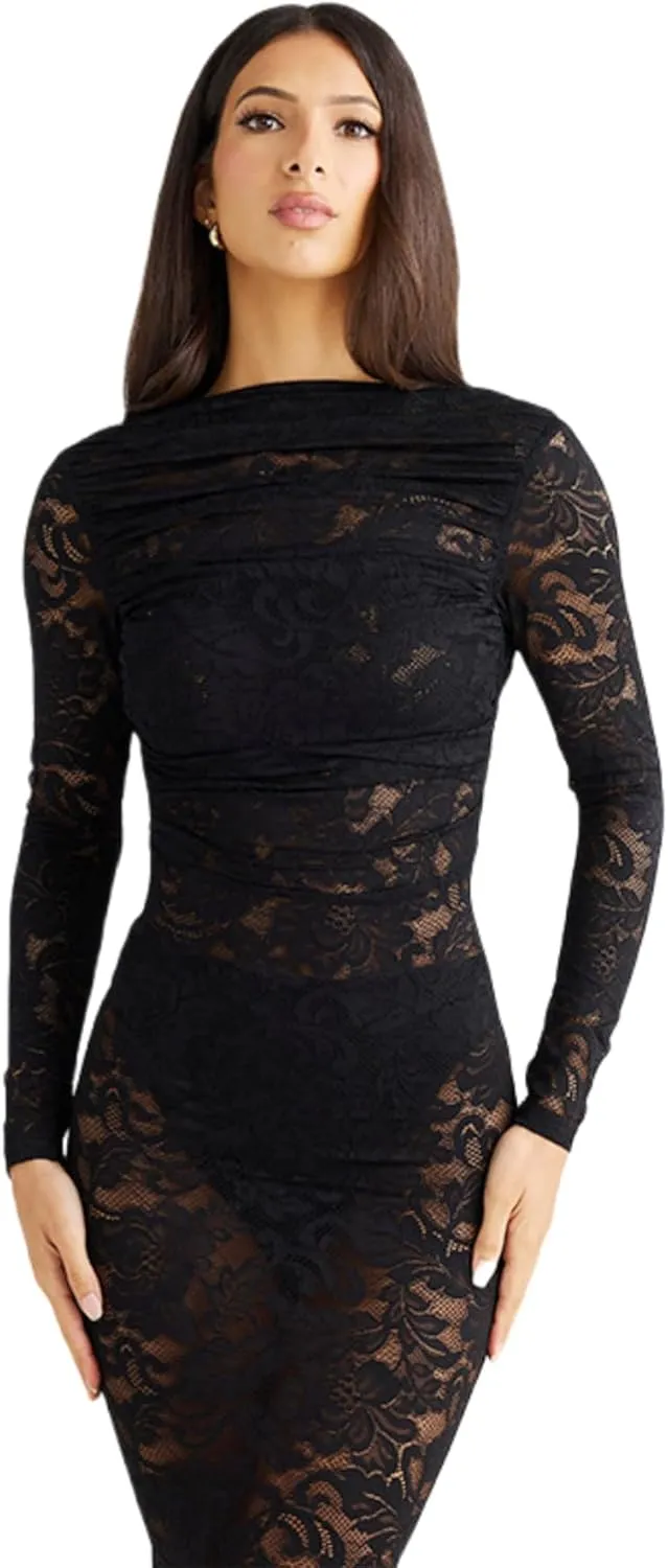 JUMISEE Women's See Through Lace Long Sleeve Maxi Dress Sexy Ruched Backless Bodycon Cocktail Dress Party Evening Gown