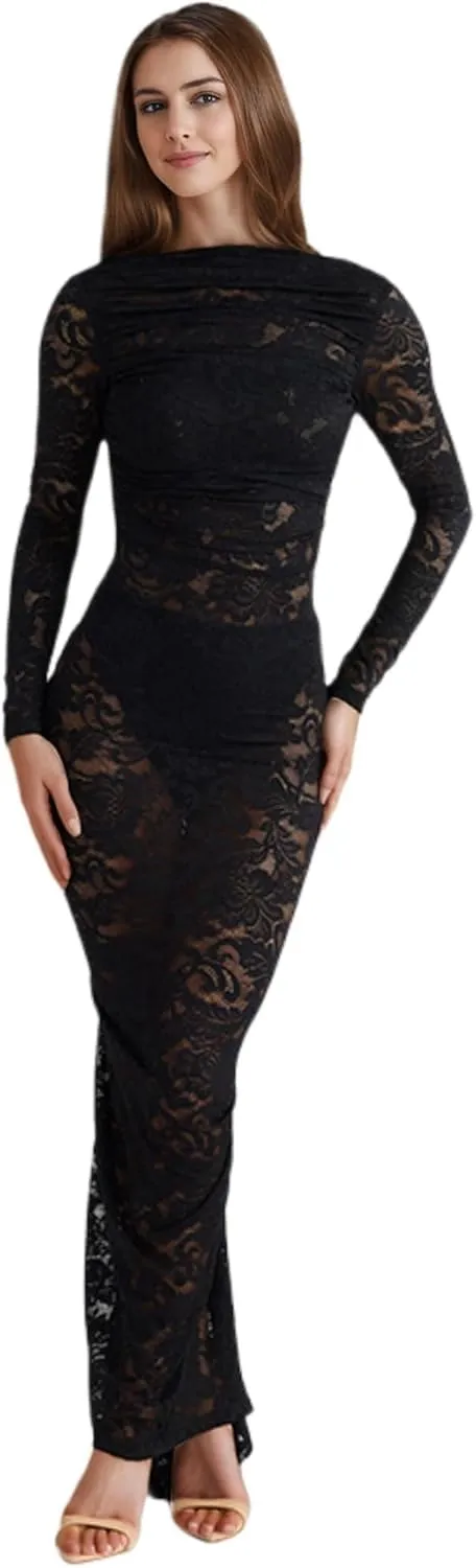 JUMISEE Women's See Through Lace Long Sleeve Maxi Dress Sexy Ruched Backless Bodycon Cocktail Dress Party Evening Gown