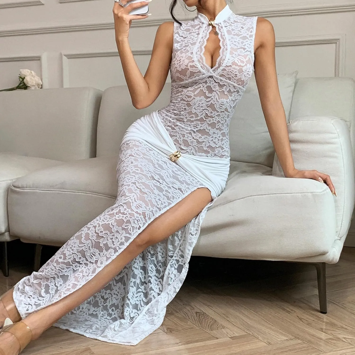 JUMISEE Womens Sexy High Slit See Through Lace Maxi Dress Sleeveless Hollow Out Bodycon Cocktail Dress Evening Gown