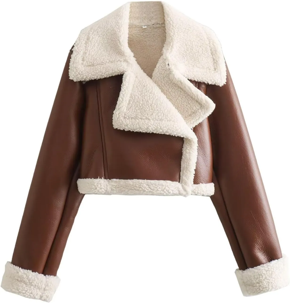 KELYWELL Women's Faux Leather Shearing Cropped Jackets Thick Lined Parka Winter Shearling Coats Faux Fur Moto Jacket