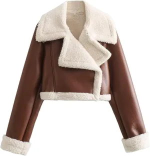 KELYWELL Women's Faux Leather Shearing Cropped Jackets Thick Lined Parka Winter Shearling Coats Faux Fur Moto Jacket