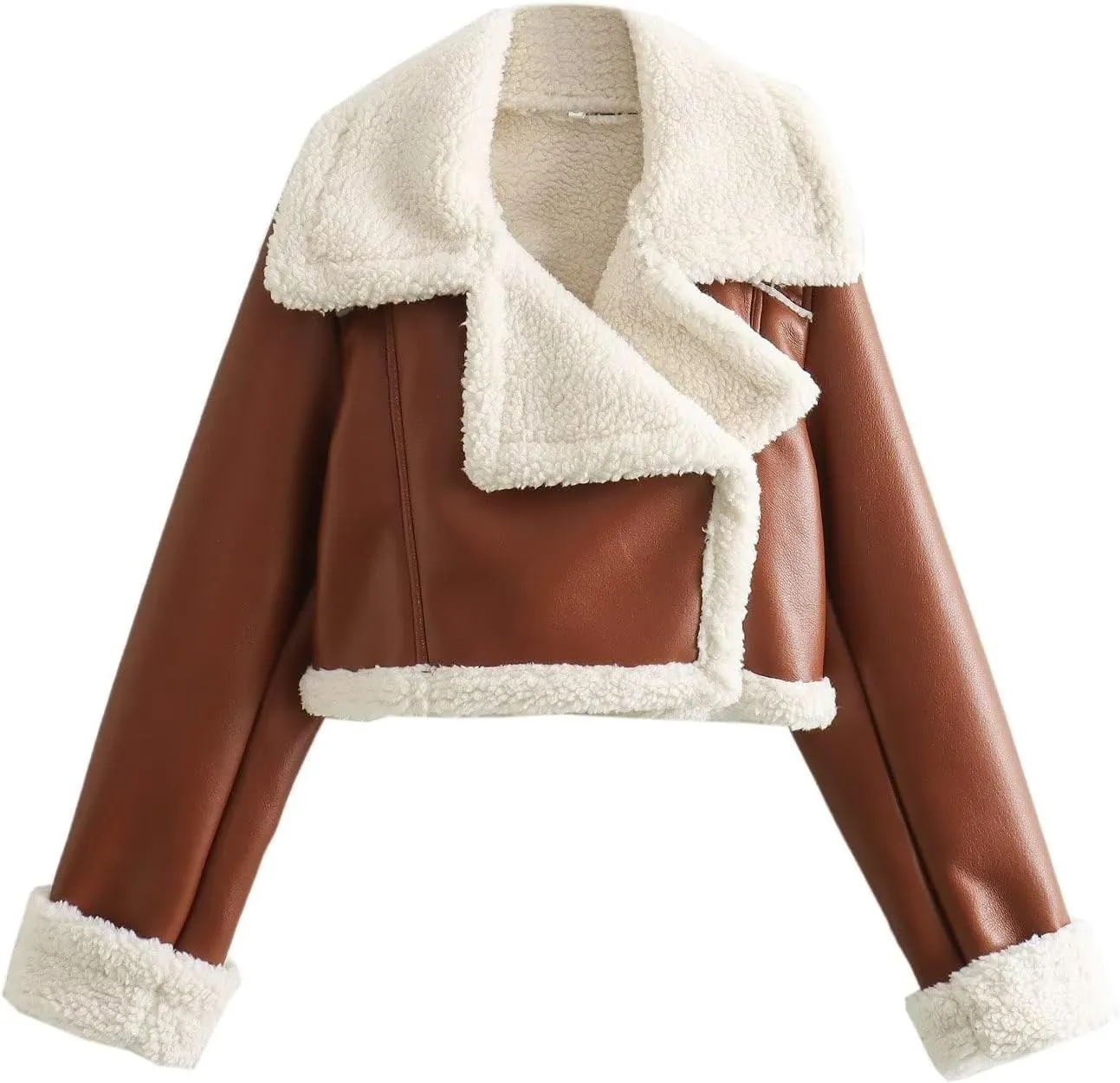 KELYWELL Women's Faux Leather Shearing Cropped Jackets Thick Lined Parka Winter Shearling Coats Faux Fur Moto Jacket