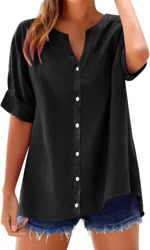 Linen Tops for Women Womens Button Down Shirt Color Sleeve Collar Casual Shirt Cotton Blouses for Casual