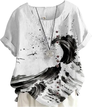 MARSVOVO Short Sleeve Tunic Tops for Women Novelty Japanese Style Vintage Decorative Buttons Oversize Blouse For Women