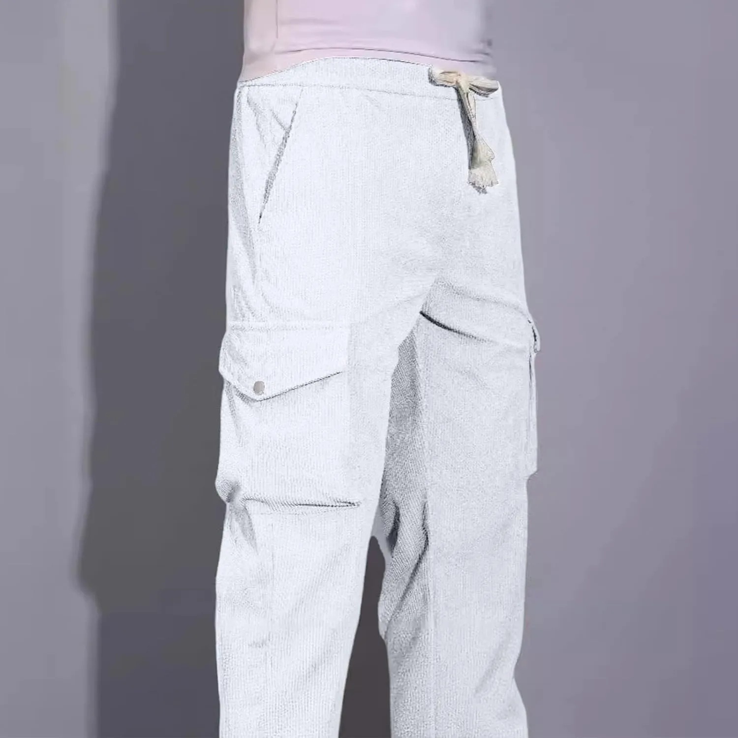 Men's Corduroy Pant Regular Fit Tapered Trousers Solid Color Casual Pants Drawstring Sweatpants Elastic Waist Bottoms