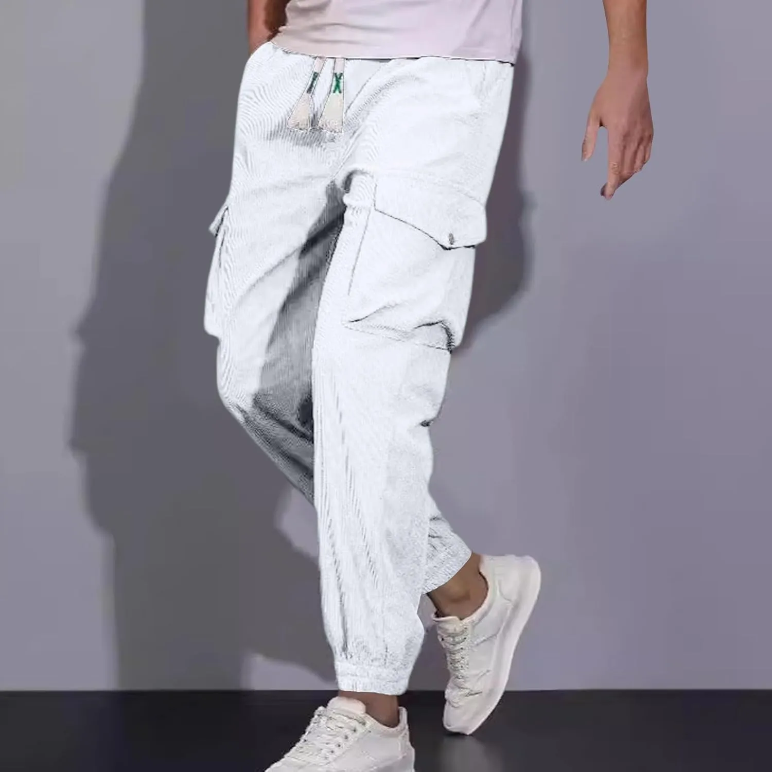 Men's Corduroy Pant Regular Fit Tapered Trousers Solid Color Casual Pants Drawstring Sweatpants Elastic Waist Bottoms