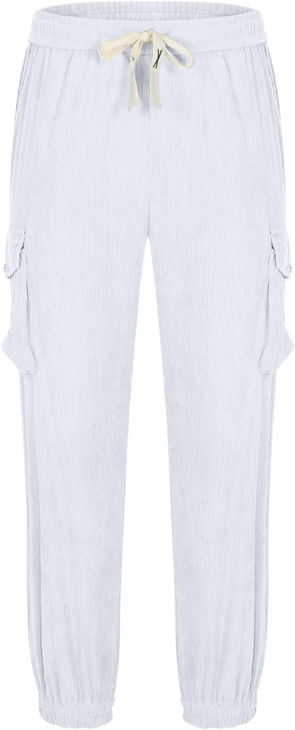 Men's Corduroy Pant Regular Fit Tapered Trousers Solid Color Casual Pants Drawstring Sweatpants Elastic Waist Bottoms