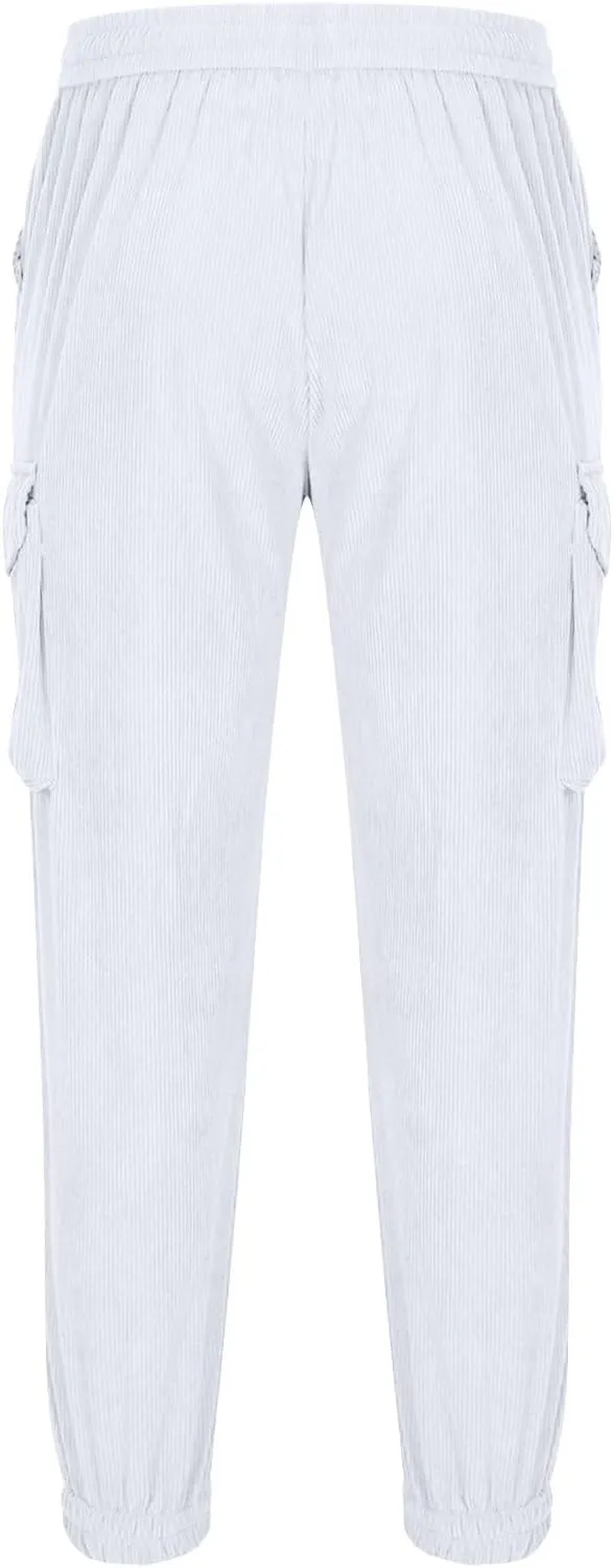 Men's Corduroy Pant Regular Fit Tapered Trousers Solid Color Casual Pants Drawstring Sweatpants Elastic Waist Bottoms