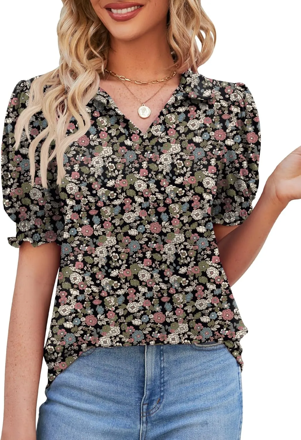 Micoson Womens Short Sleeve Polo T Shirts V Neck Casual Collared Tops Puff Sleeve Work Tunic Blouses