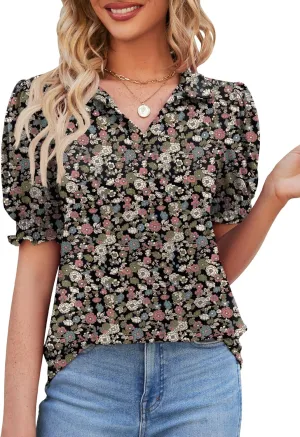 Micoson Womens Short Sleeve Polo T Shirts V Neck Casual Collared Tops Puff Sleeve Work Tunic Blouses