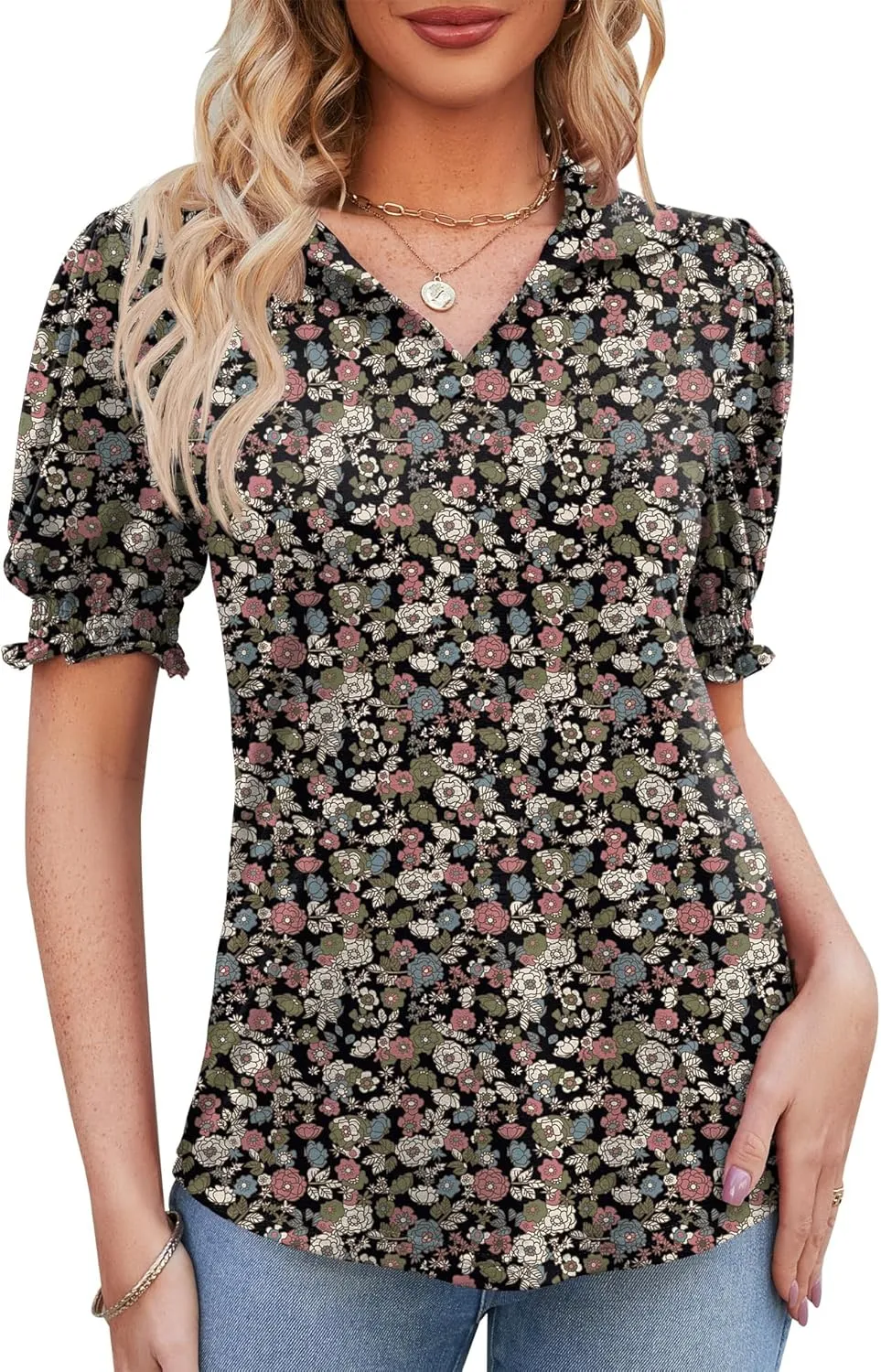 Micoson Womens Short Sleeve Polo T Shirts V Neck Casual Collared Tops Puff Sleeve Work Tunic Blouses