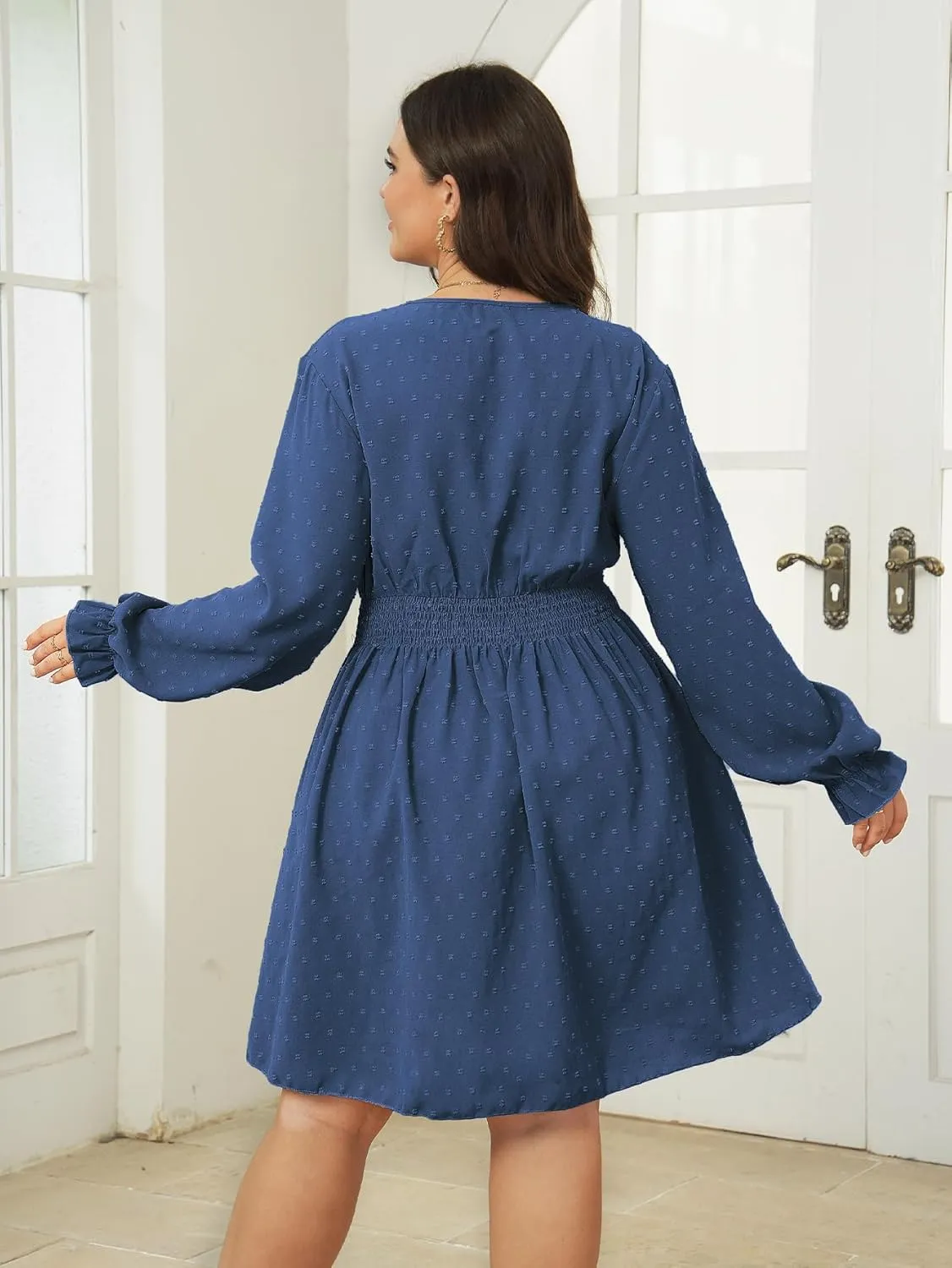 Plus Size Wrap Dress Casual Long Sleeve V Neck Swiss Dot Smocked Waist A Line Mini Dresses for Women