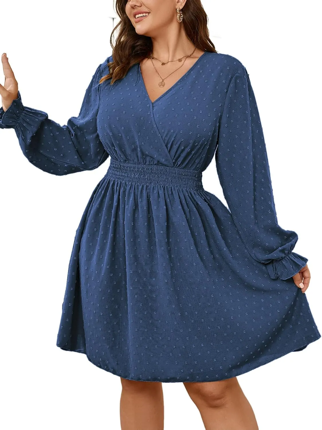 Plus Size Wrap Dress Casual Long Sleeve V Neck Swiss Dot Smocked Waist A Line Mini Dresses for Women
