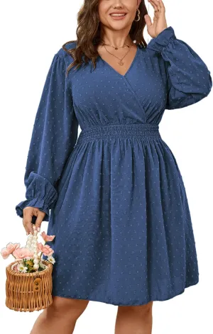 Plus Size Wrap Dress Casual Long Sleeve V Neck Swiss Dot Smocked Waist A Line Mini Dresses for Women