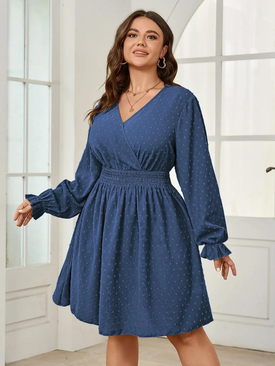 Plus Size Wrap Dress Casual Long Sleeve V Neck Swiss Dot Smocked Waist A Line Mini Dresses for Women