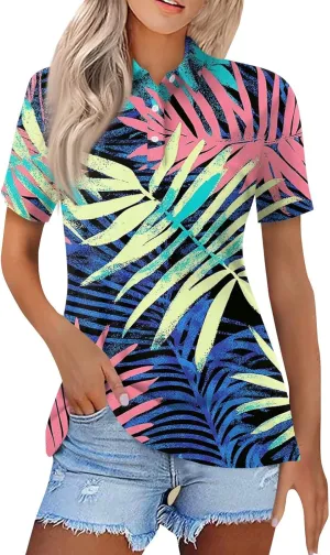 Polo Shirts for Women Hawaiian Short Sleeve Summer Tops Oversized Side Slit Collared Casual Golf Outfits