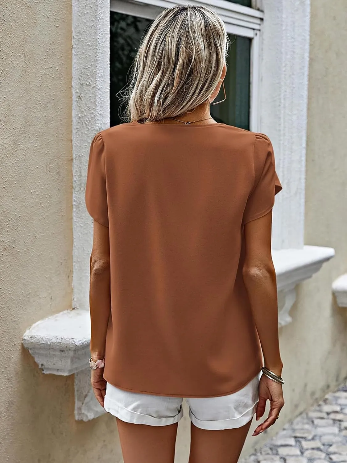 PRETTYGARDEN Short Sleeve Tops for Women 2025 Summer Spring Western Chiffon Blouses Dressy Casual Work Pearl Shirts