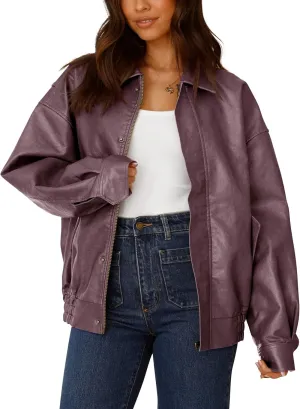 PRETTYGARDEN Women's Faux Leather Motorcycle Jacket Trendy Fall Spring Clothes Oversized Zip Up Winter Coat Outerwear
