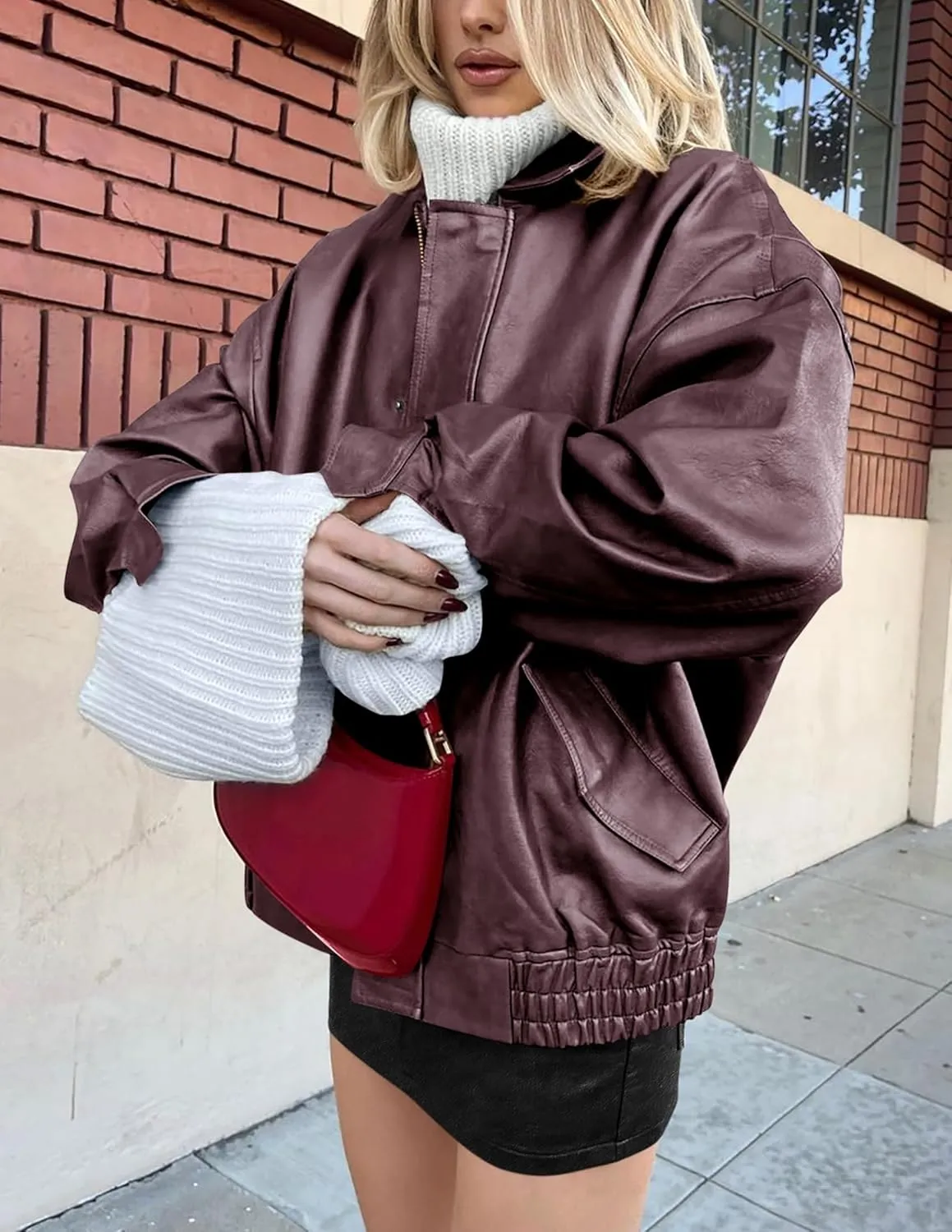 PRETTYGARDEN Women's Faux Leather Motorcycle Jacket Trendy Fall Spring Clothes Oversized Zip Up Winter Coat Outerwear