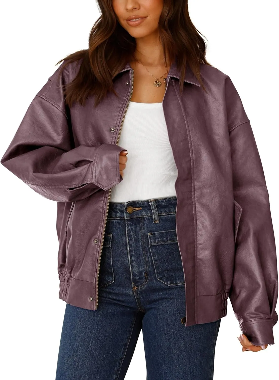 PRETTYGARDEN Women's Faux Leather Motorcycle Jacket Trendy Fall Spring Clothes Oversized Zip Up Winter Coat Outerwear