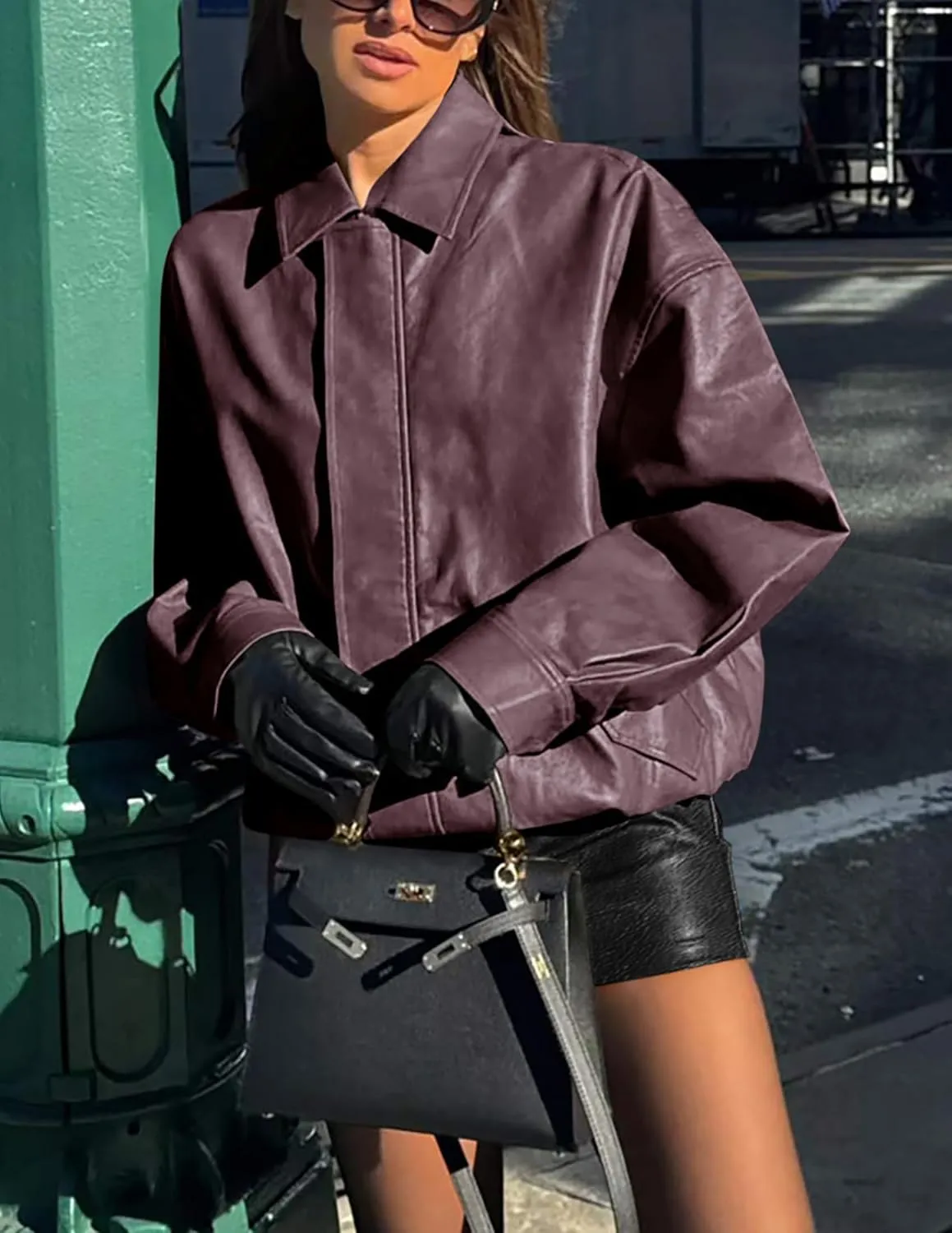 PRETTYGARDEN Women's Faux Leather Motorcycle Jacket Trendy Fall Spring Clothes Oversized Zip Up Winter Coat Outerwear