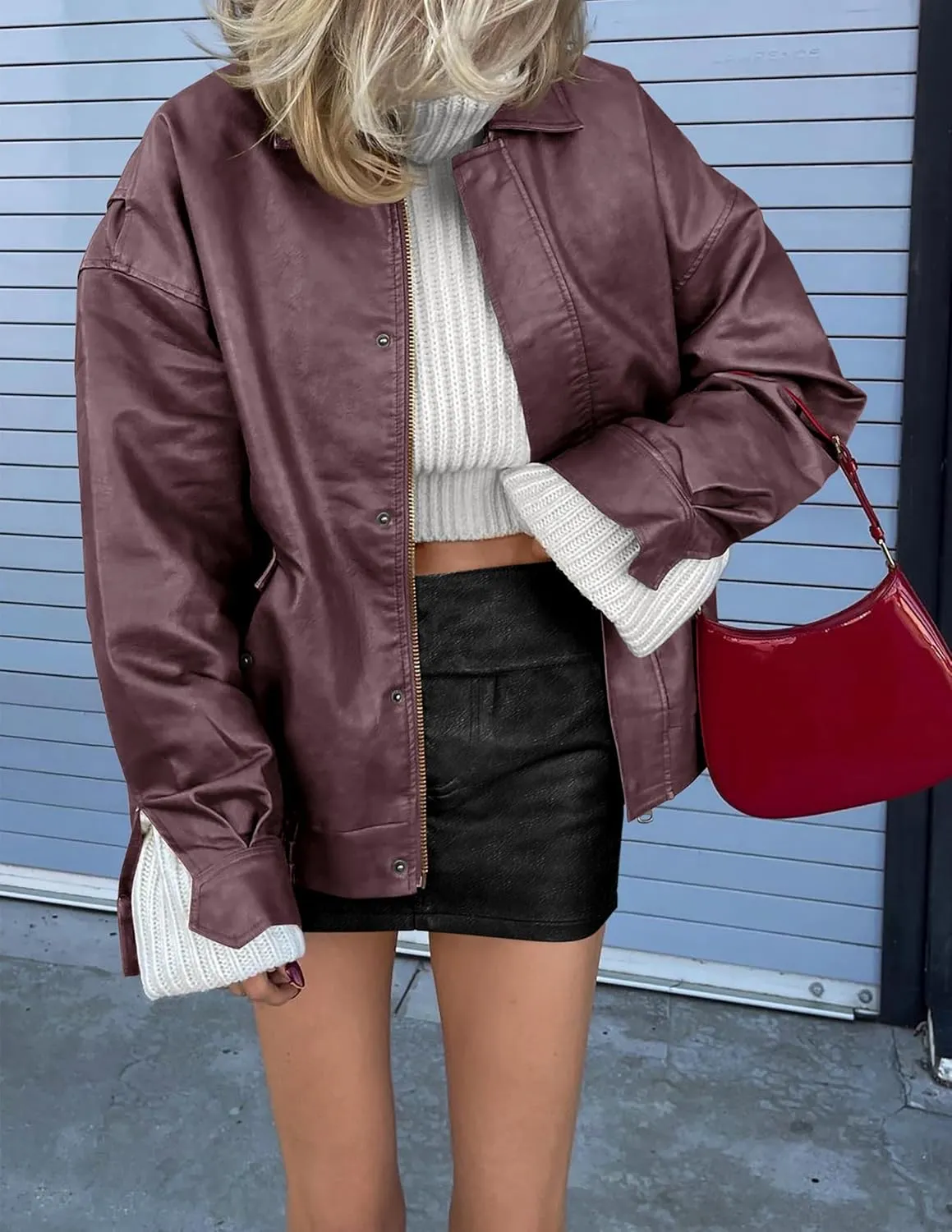 PRETTYGARDEN Women's Faux Leather Motorcycle Jacket Trendy Fall Spring Clothes Oversized Zip Up Winter Coat Outerwear