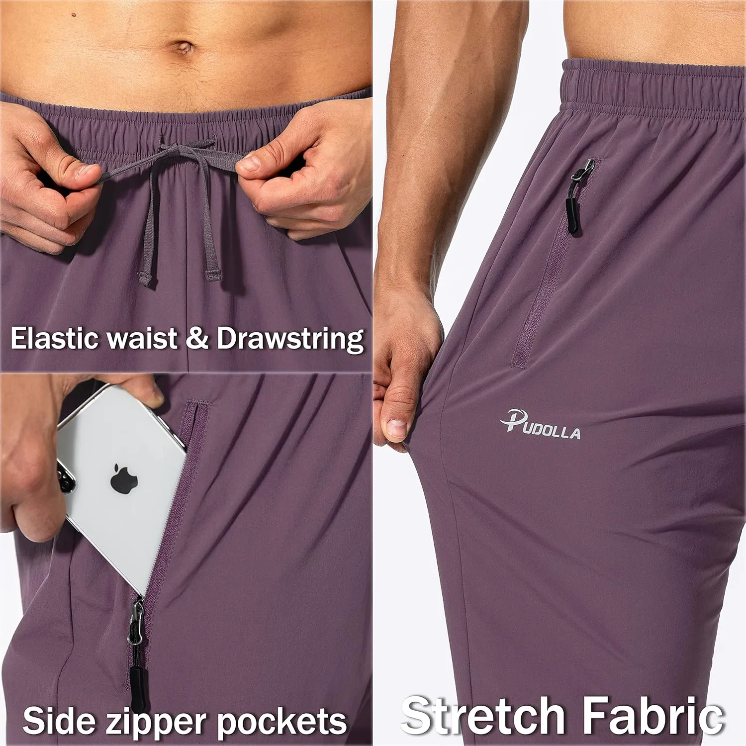 Pudolla Men's Workout Athletic Pants Elastic Waist Jogging Running Pants for Men with Zipper Pockets
