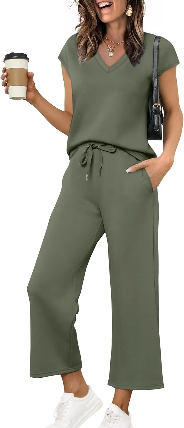 Saloogoe Two Piece Sets for Women Summer Outfits Lounge Sets V Neck Tops Wide Leg Pants Woman Vacation Travel Outfits