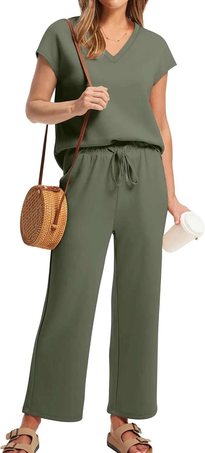 Saloogoe Two Piece Sets for Women Summer Outfits Lounge Sets V Neck Tops Wide Leg Pants Woman Vacation Travel Outfits
