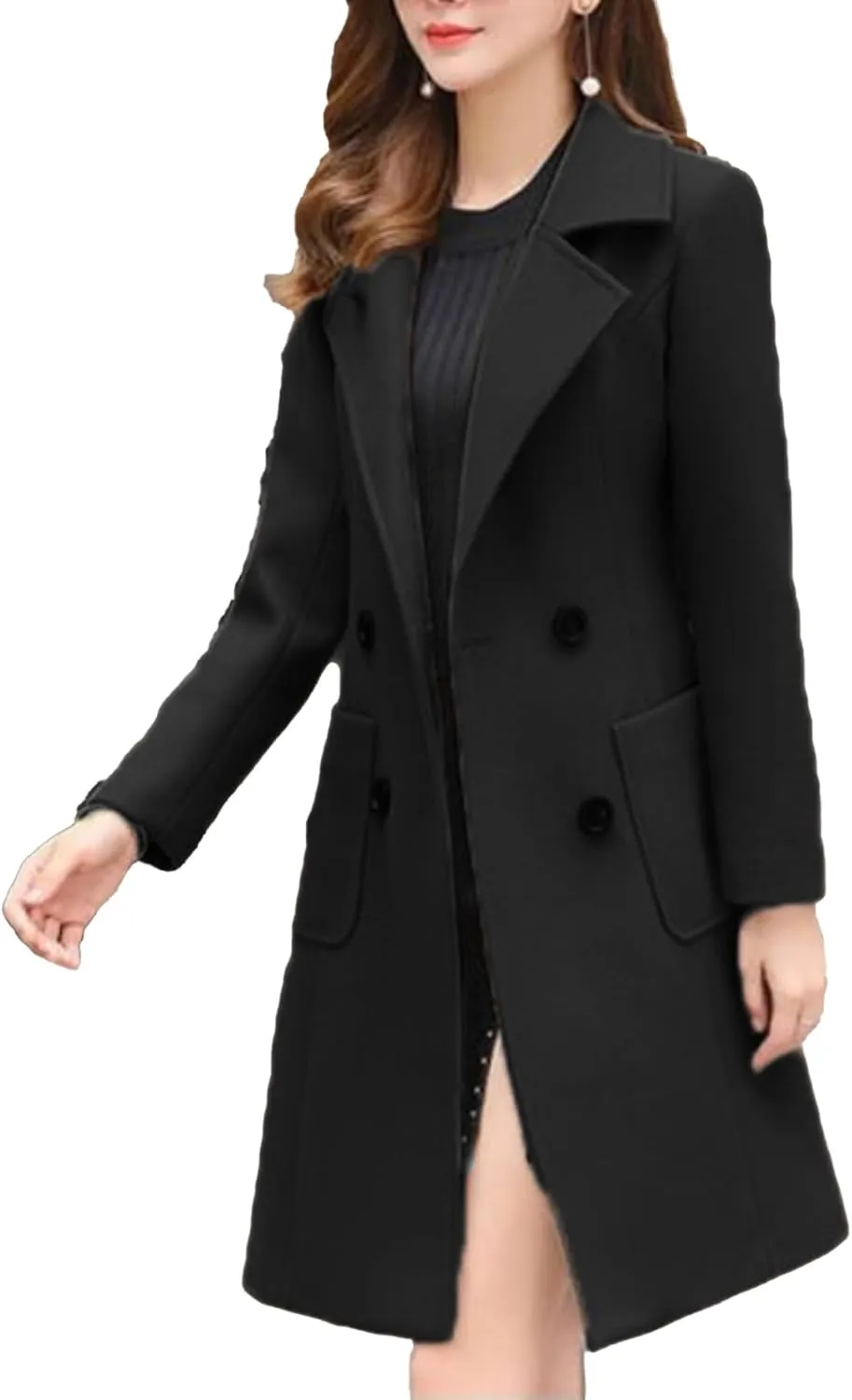 SEMATOMALA Women's Notch Lapel Collar Slim Fit A Line Wool Blend Long Coat Double Breasted Mid Long Pea Coat