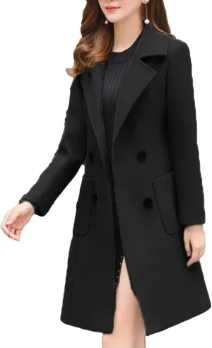 SEMATOMALA Women's Notch Lapel Collar Slim Fit A Line Wool Blend Long Coat Double Breasted Mid Long Pea Coat