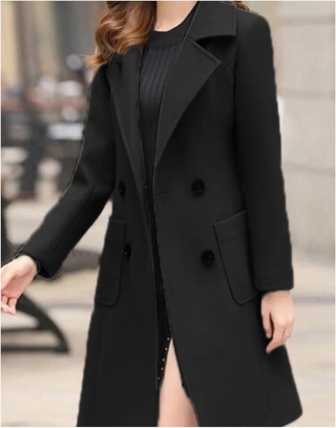 SEMATOMALA Women's Notch Lapel Collar Slim Fit A Line Wool Blend Long Coat Double Breasted Mid Long Pea Coat