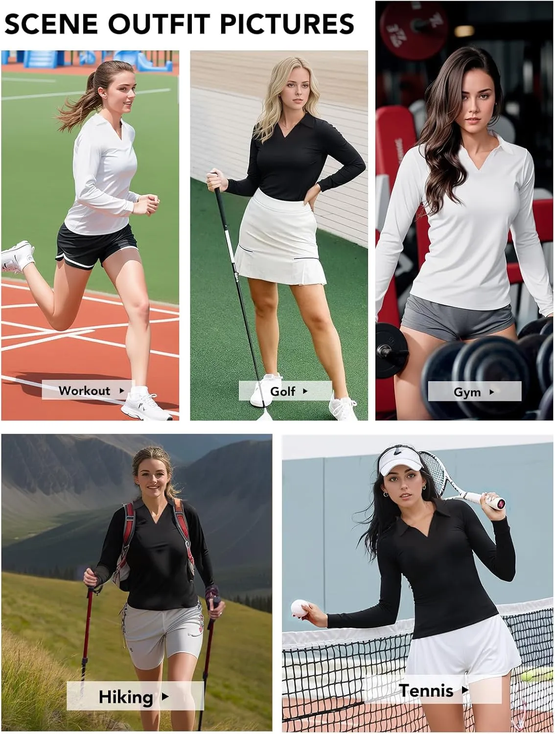 SHAPERIN Women's Golf Polo Shirt Long Sleeve Collared V Neck Sun Protection Quick Dry Athletic Workout Tops Tennis Shirt