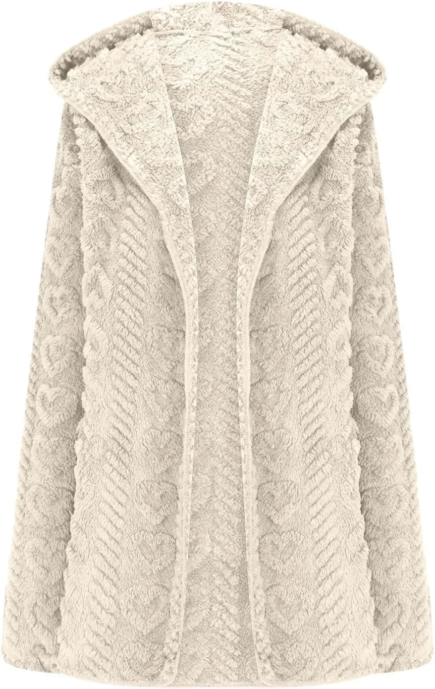 Sherpa Jacket Women Teddy Bear Fleece Jacket Oversized Open Front Hooded Cardigan Fuzzy Sweater Coats with Pockets