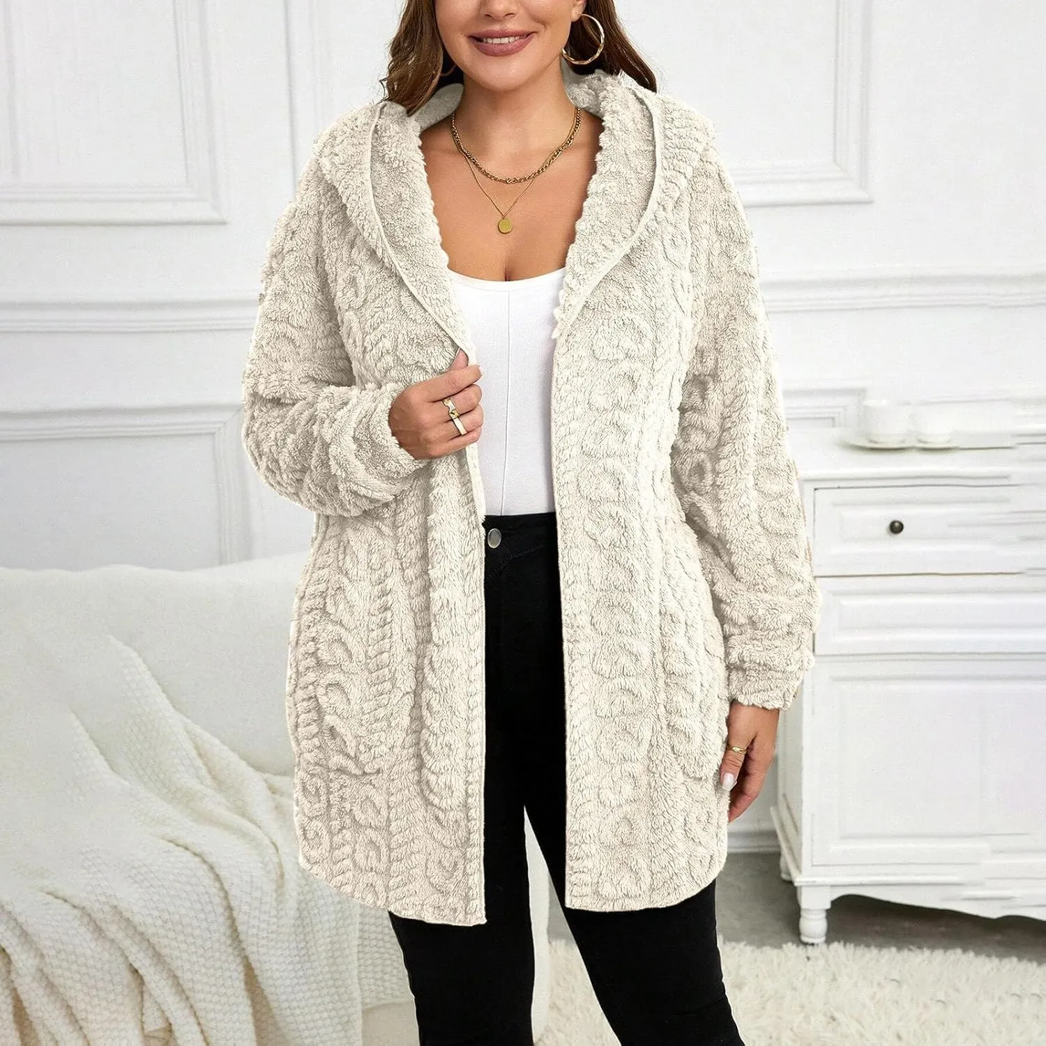 Sherpa Jacket Women Teddy Bear Fleece Jacket Oversized Open Front Hooded Cardigan Fuzzy Sweater Coats with Pockets
