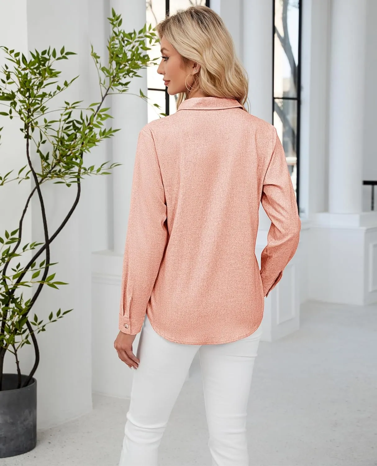 siliteelon Linen Shirts for Women Button Down Shirts Wrinkle Free Long Sleeve Dress Shirts Cotton Work Office Blouse Tops