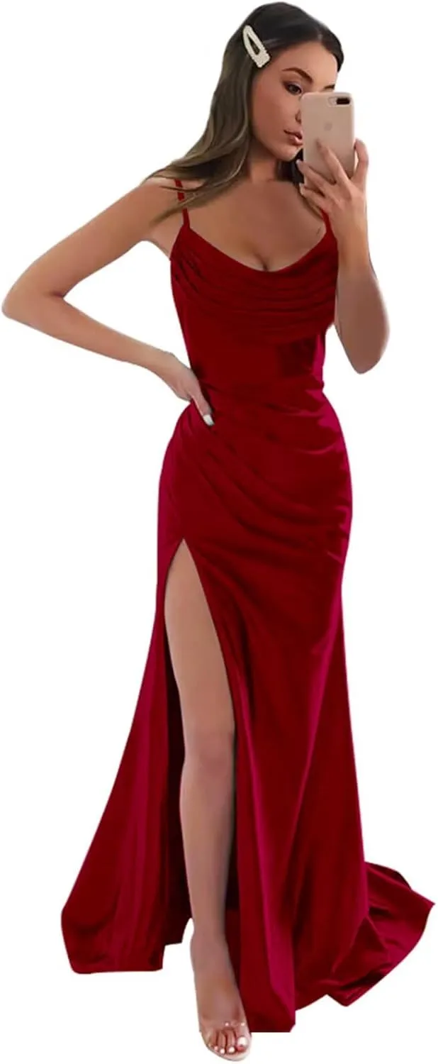 Sukleet Women's Satin Prom Dress Long with Slit Ruched Mermaid Evening Gowns Formal Dress