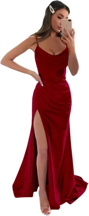 Sukleet Women's Satin Prom Dress Long with Slit Ruched Mermaid Evening Gowns Formal Dress
