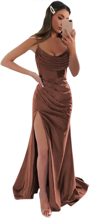 Sukleet Women's Satin Prom Dress Long with Slit Ruched Mermaid Evening Gowns Formal Dress