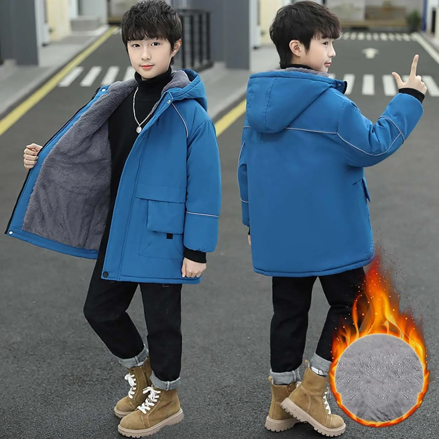 Toddler Youth Long Parka Boys Girls Winter Warm Fleece Linen Puffer Jackets Padded Outerwear Hooded Coats Clothes